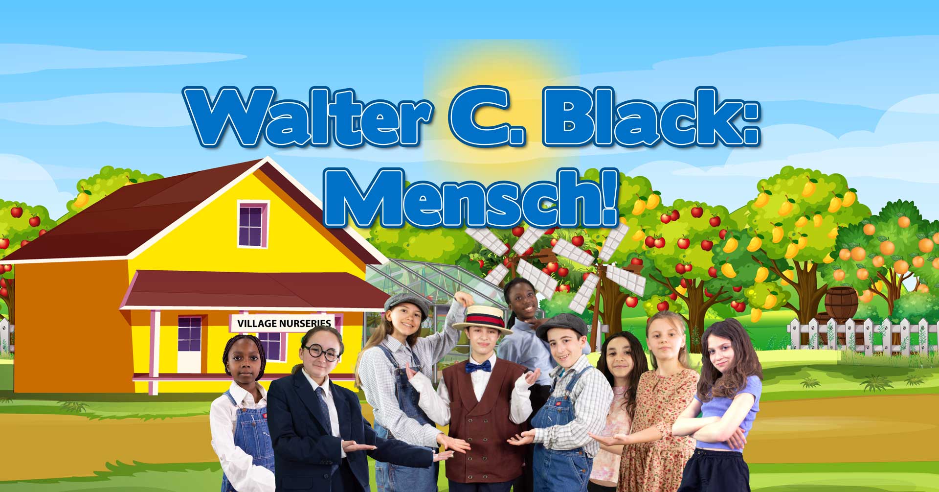 Cast of Walter C. Black: Mensch standing in front of a drawing of Village Nurseries.